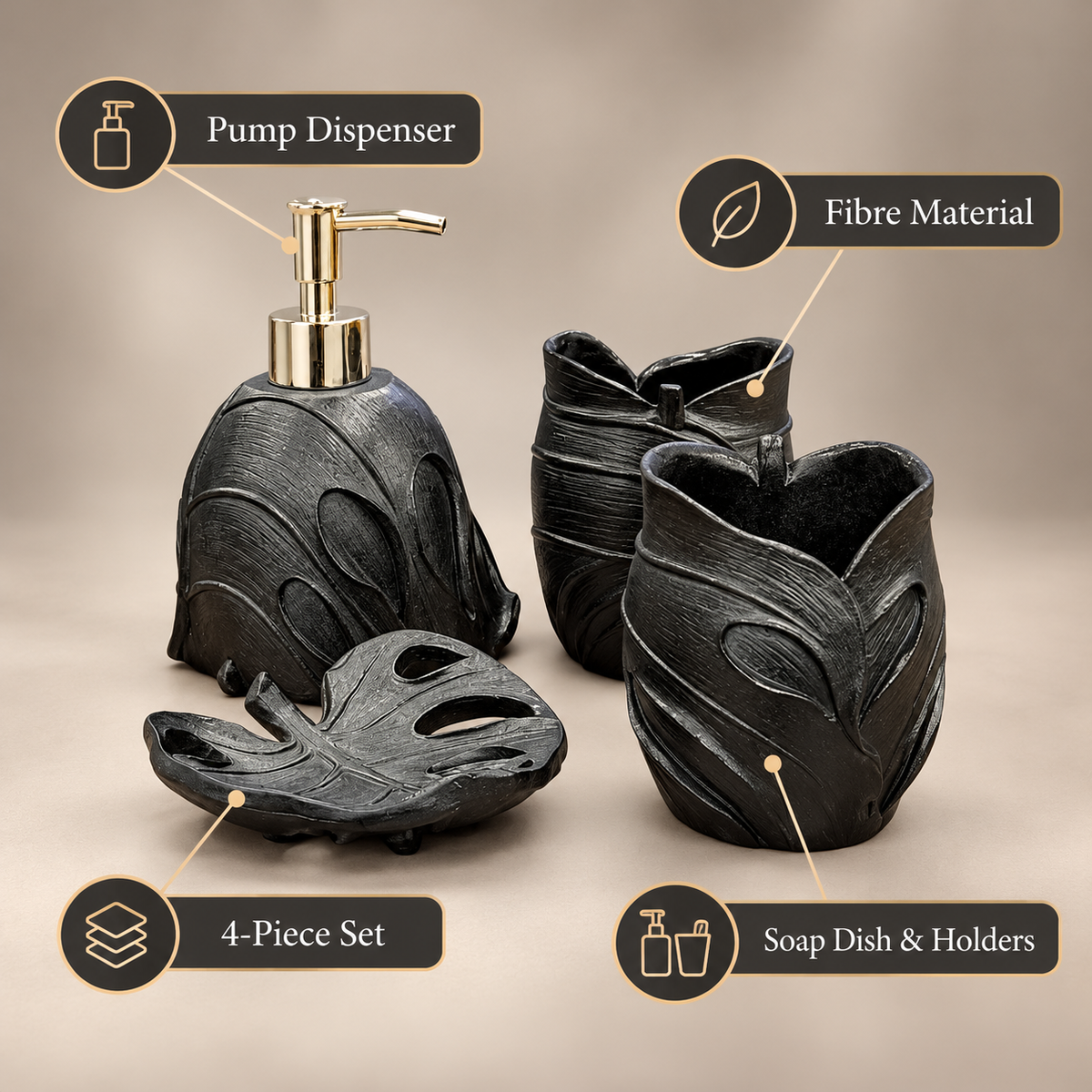 Black Leaf four-piece fibre bathroom accessory set – features and included pieces