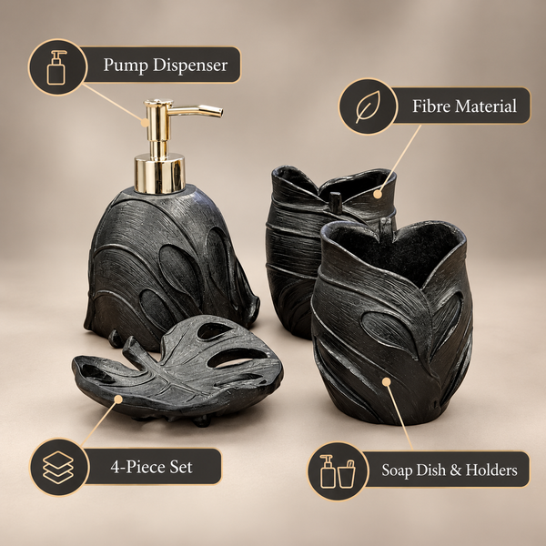 Black Leaf four-piece fibre bathroom accessory set – features and included pieces