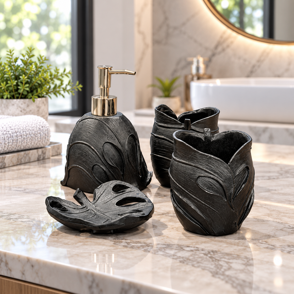 Black Leaf four-piece fibre bathroom accessory set – bathroom vanity setting