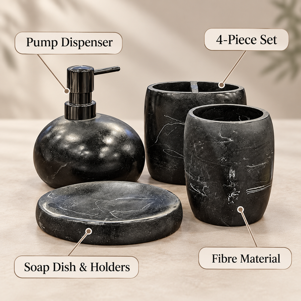 Black Marble Effect four-piece fibre bathroom accessory set – features and included pieces