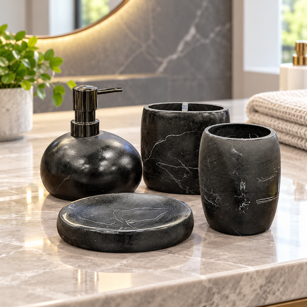 Black Marble Effect four-piece fibre bathroom accessory set – bathroom vanity setting
