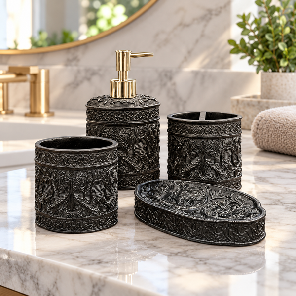 Black Ornate four-piece fibre bathroom accessory set – bathroom vanity setting