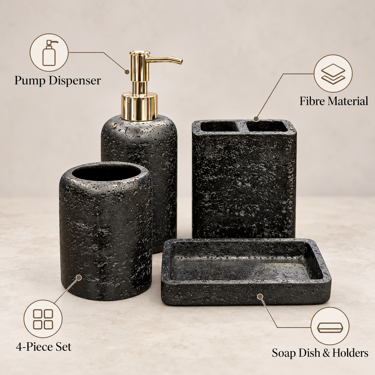 Black Pitted Texture four-piece fibre bathroom accessory set – features and included pieces