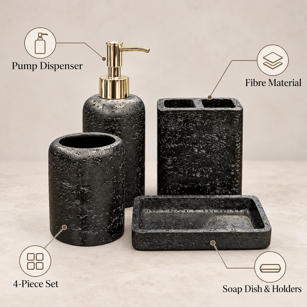 Black Pitted Texture four-piece fibre bathroom accessory set – features and included pieces