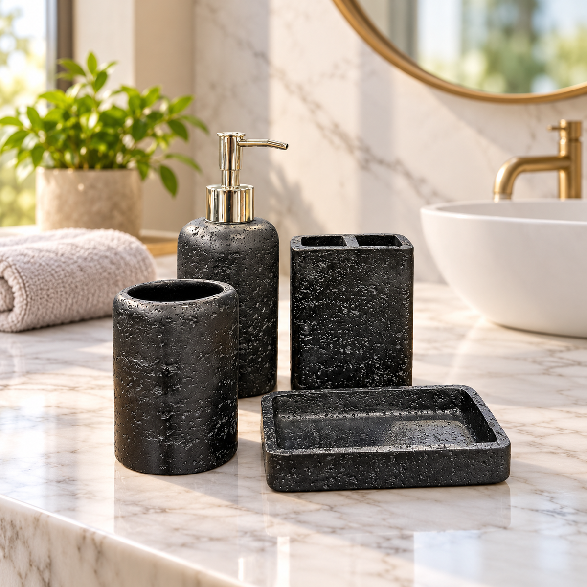 Black Pitted Texture four-piece fibre bathroom accessory set – bathroom vanity setting
