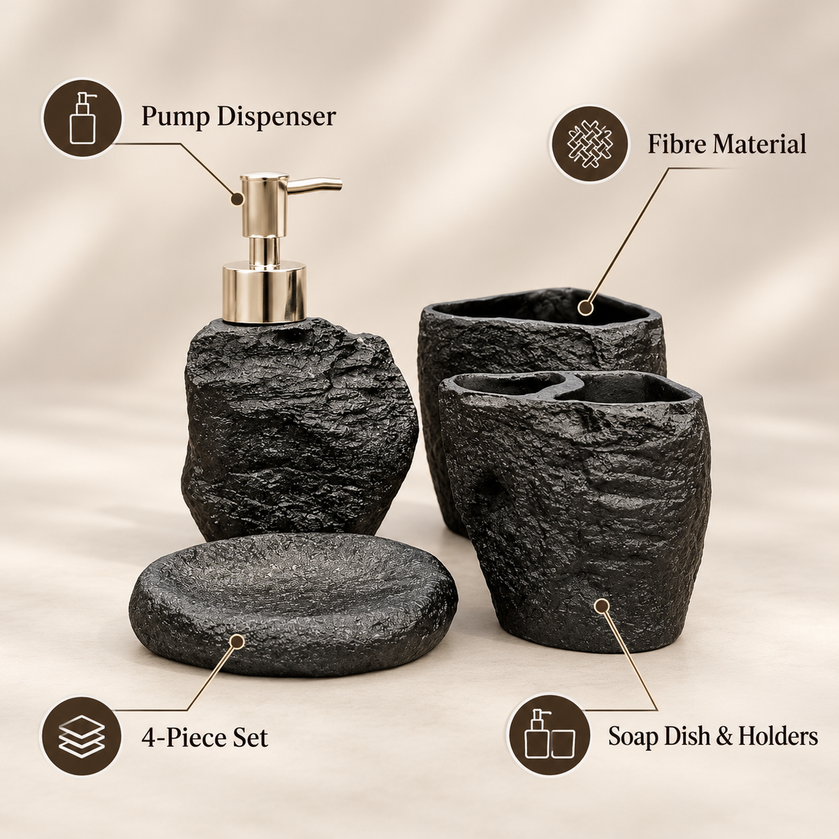 Black Rock Texture four-piece fibre bathroom accessory set – features and included pieces