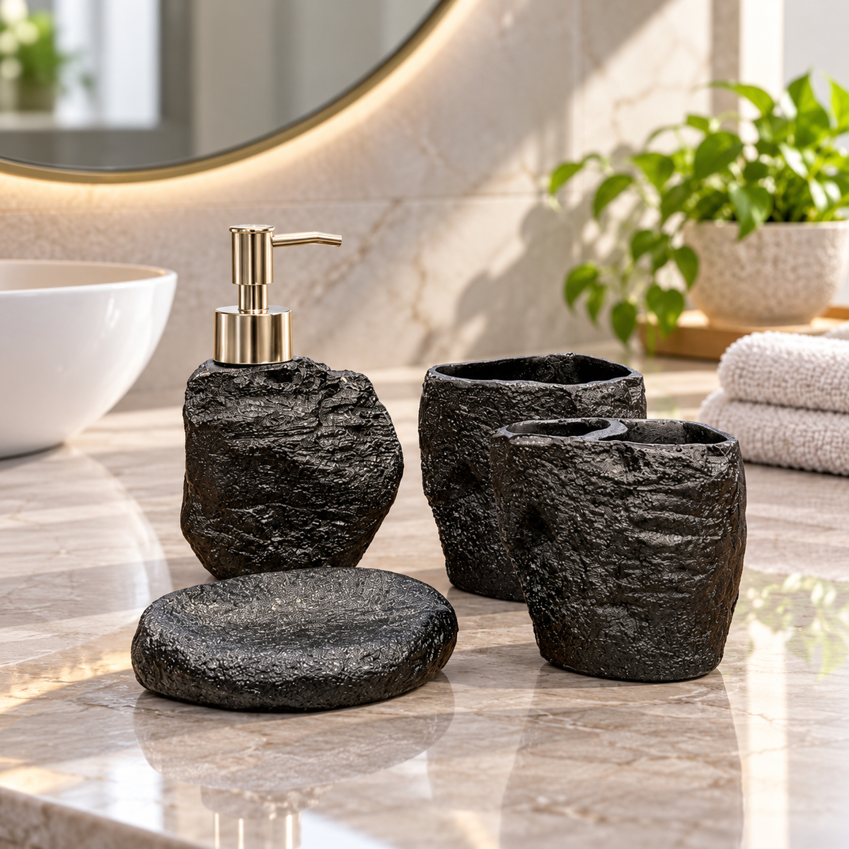 Black Rock Texture four-piece fibre bathroom accessory set – bathroom vanity setting