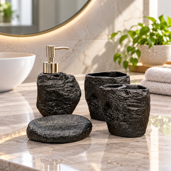 Black Rock Texture four-piece fibre bathroom accessory set – bathroom vanity setting