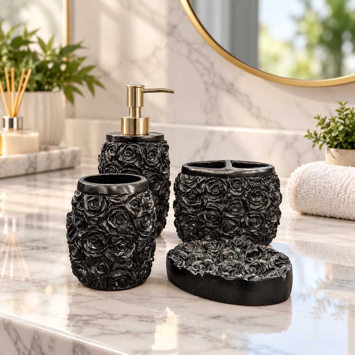 Black Rose four-piece fibre bathroom accessory set – bathroom vanity setting
