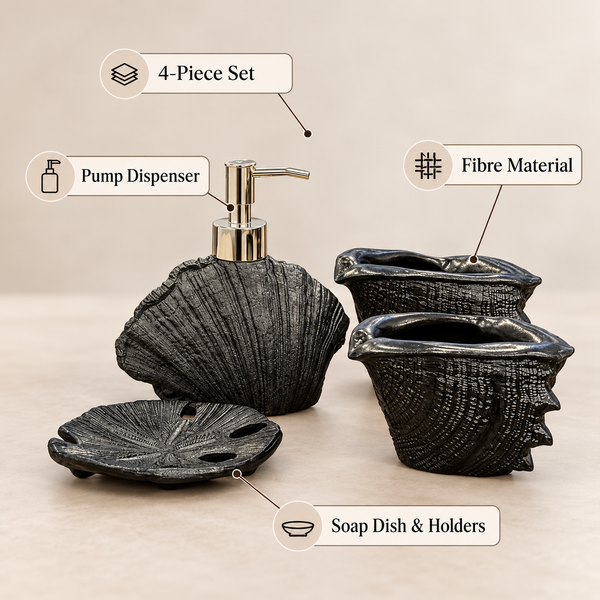 Black Seashell four-piece fibre bathroom accessory set – features and included pieces
