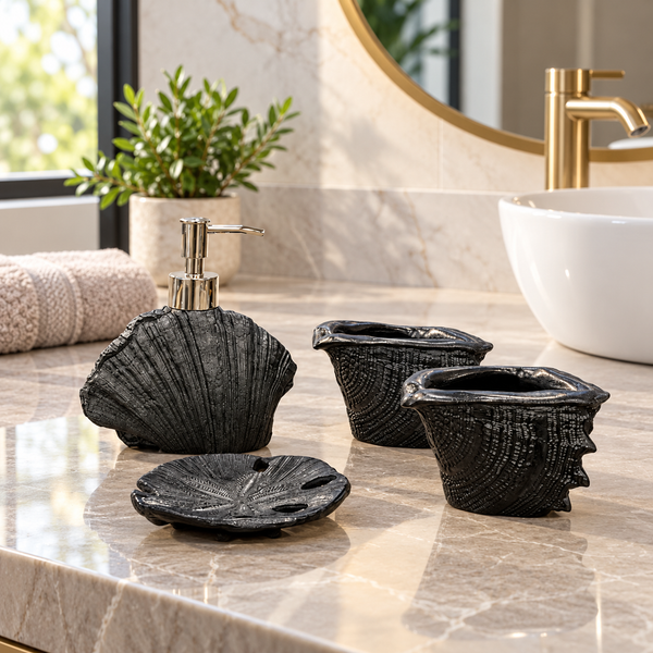 Black Seashell four-piece fibre bathroom accessory set – bathroom vanity setting