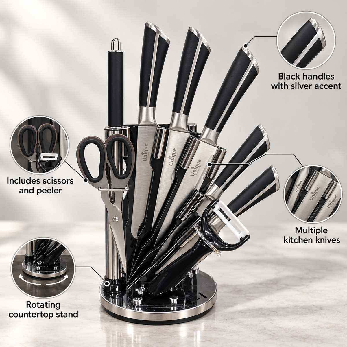 Black Silver-Line Rotating Kitchen Knife Set with Accessories feature infographic