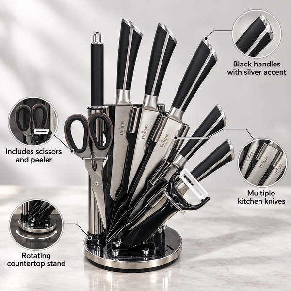 Black Silver-Line Rotating Kitchen Knife Set with Accessories feature infographic