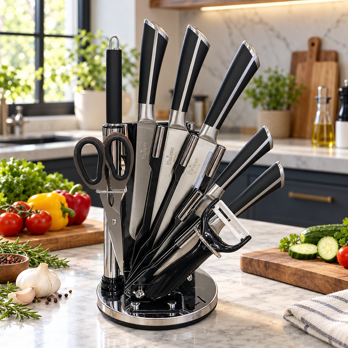 Black Silver-Line Rotating Kitchen Knife Set with Accessories styled in a premium kitchen setting