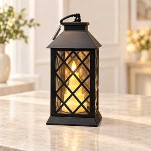 Black square lattice lantern with warm LED candle light