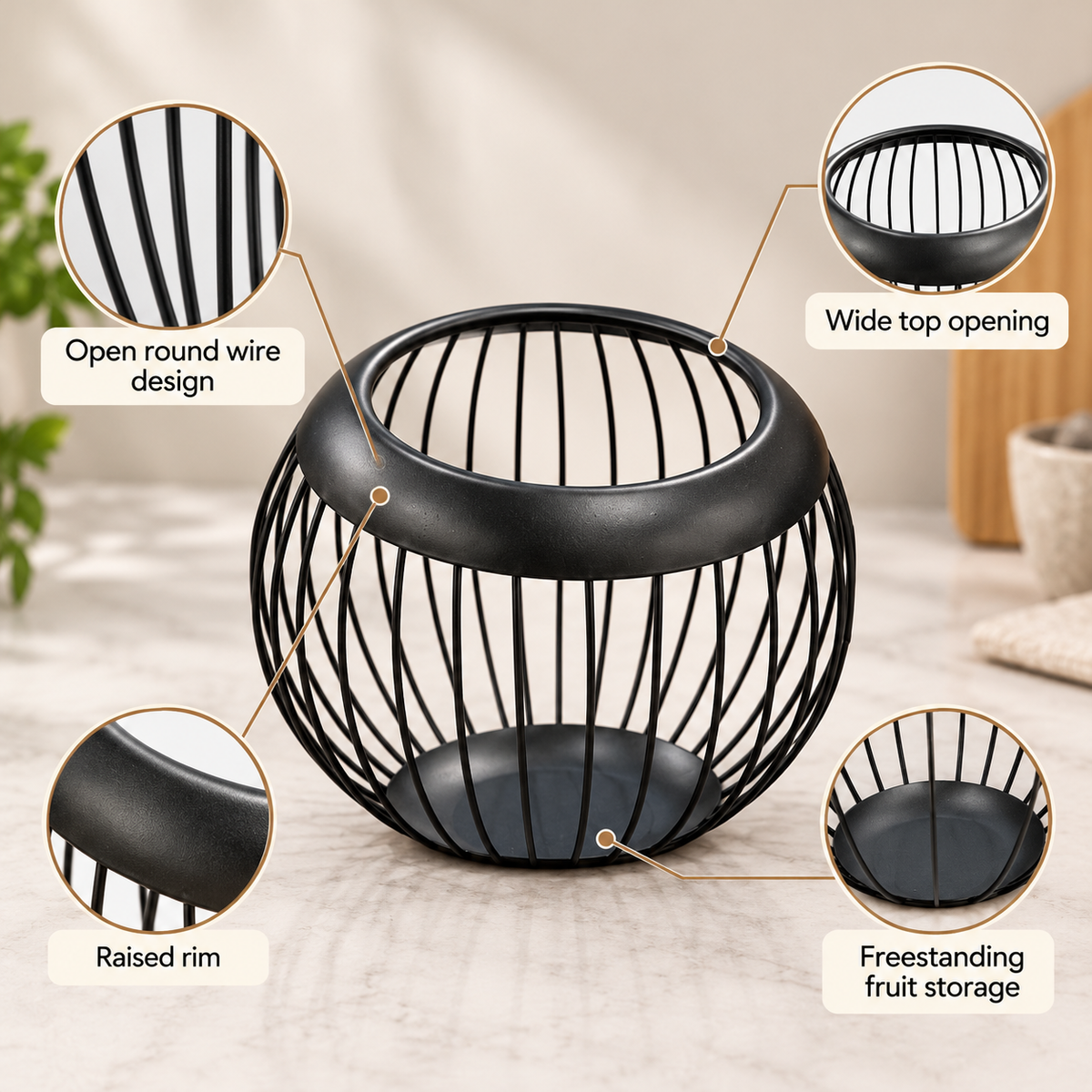 Black Round Wire Fruit Basket feature infographic
