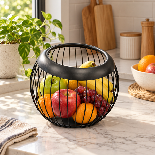Black Round Wire Fruit Basket styled in a premium kitchen setting
