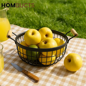 Black Wire Fruit Basket with Wooden Handles – Rustic Picnic Style