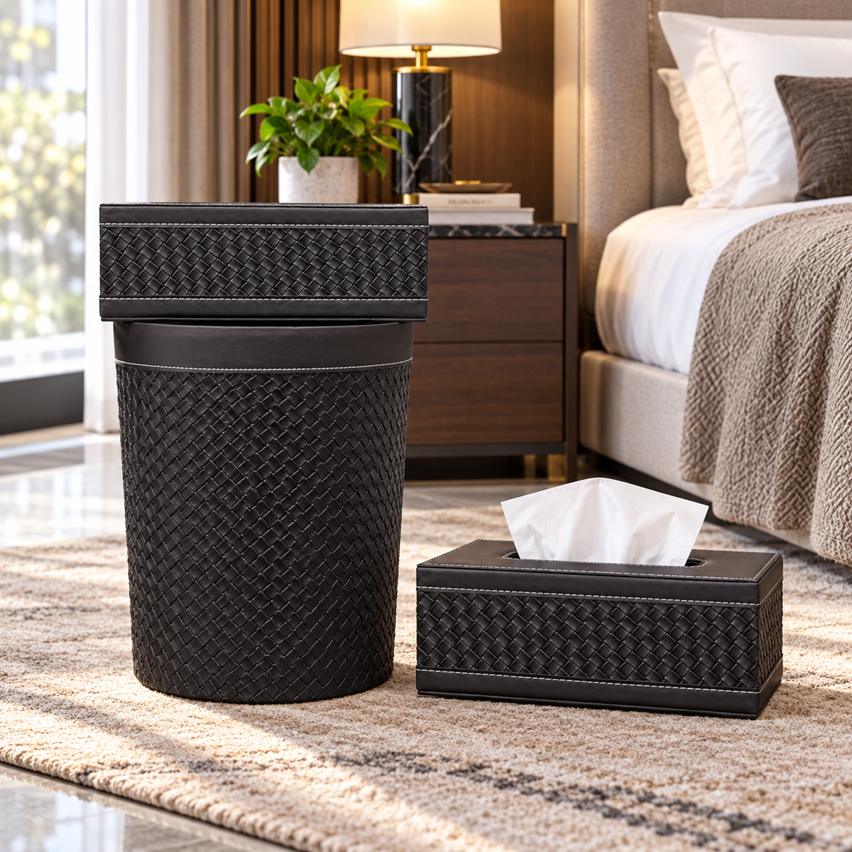 Premium Black Woven-Pattern Tissue Box & Dustbin Set lifestyle image