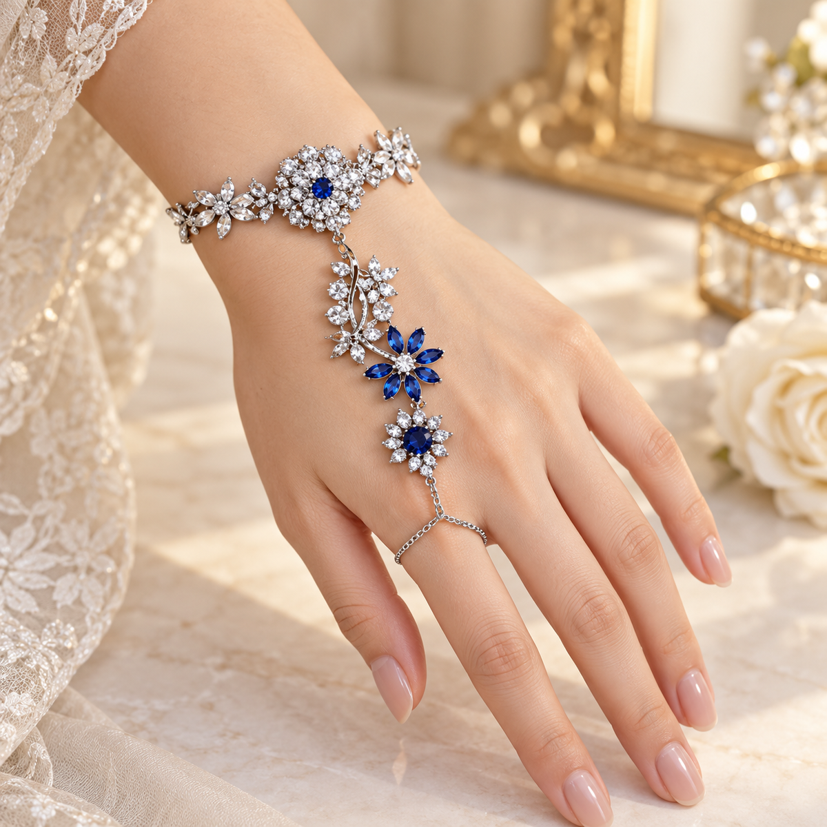 Blue Floral Crystal Hathphool Hand Chain
