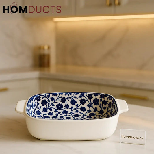 Blue Floral Interior Ceramic Bakeware Dish – Premium White Exterior