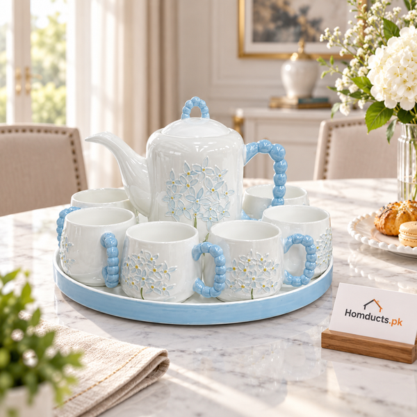 Blue Floral Revolving Tea Set – 9 Pieces