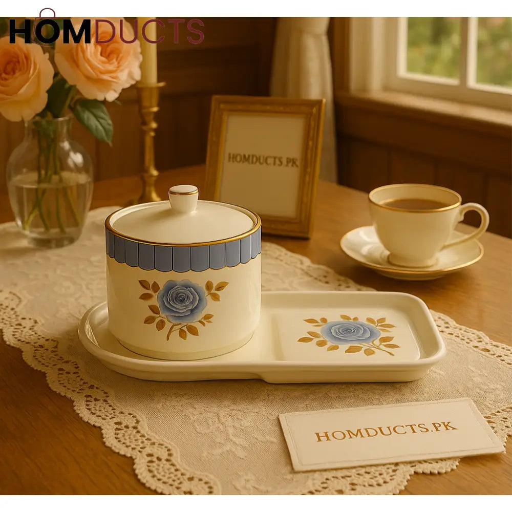 Blue Rose Vintage Ceramic Condiment & Tray Set