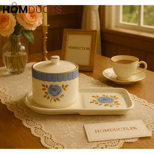 Blue Rose Vintage Ceramic Condiment & Tray Set