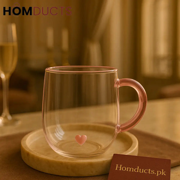 Blush Heart Double-Wall Glass Mug – Pink Handle Edition