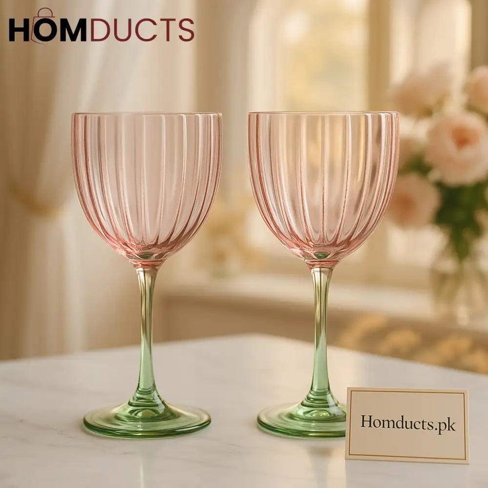 Blush Rosé Vintage Goblet Set – 2-Piece Elegant Ribbed Glassware with Green Stem