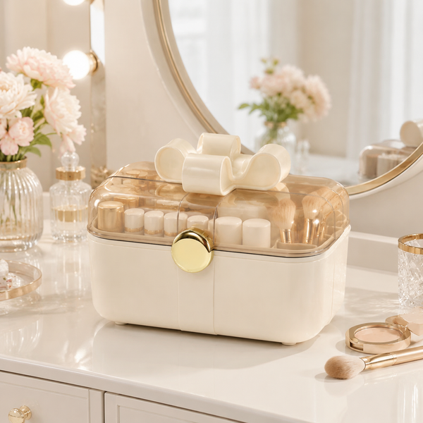 Elegant Bow-Lid Makeup Organizer – Covered Vanity Storage Box