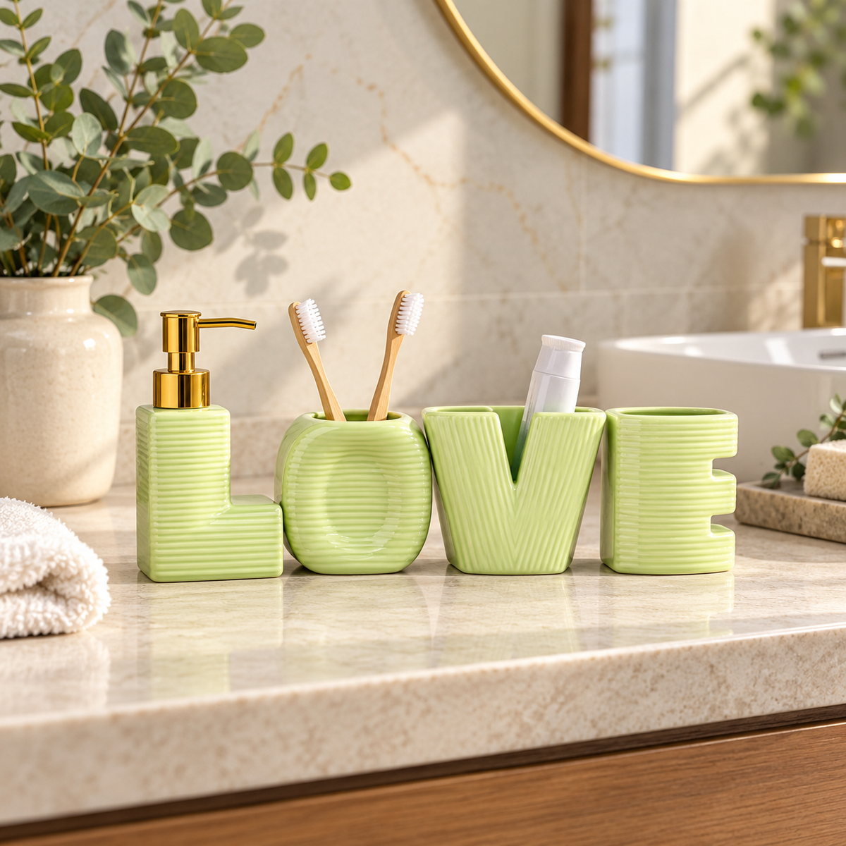 Brilliant LOVE 4-Piece Bathroom Accessory Set – Green
