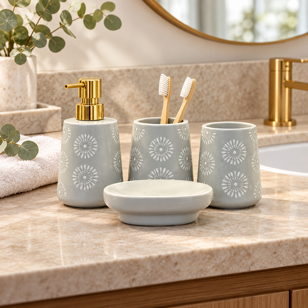 Brilliant Floral 4-Piece Bathroom Accessory Set – Grey