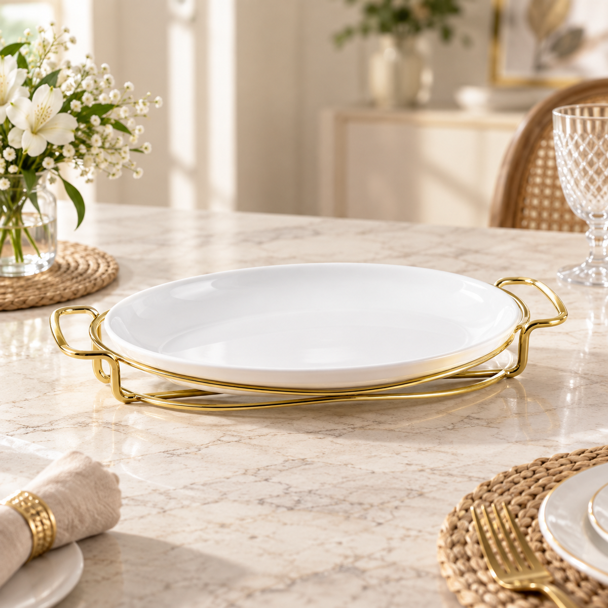 Brilliant 10-inch oval porcelain serving plate with gold stand