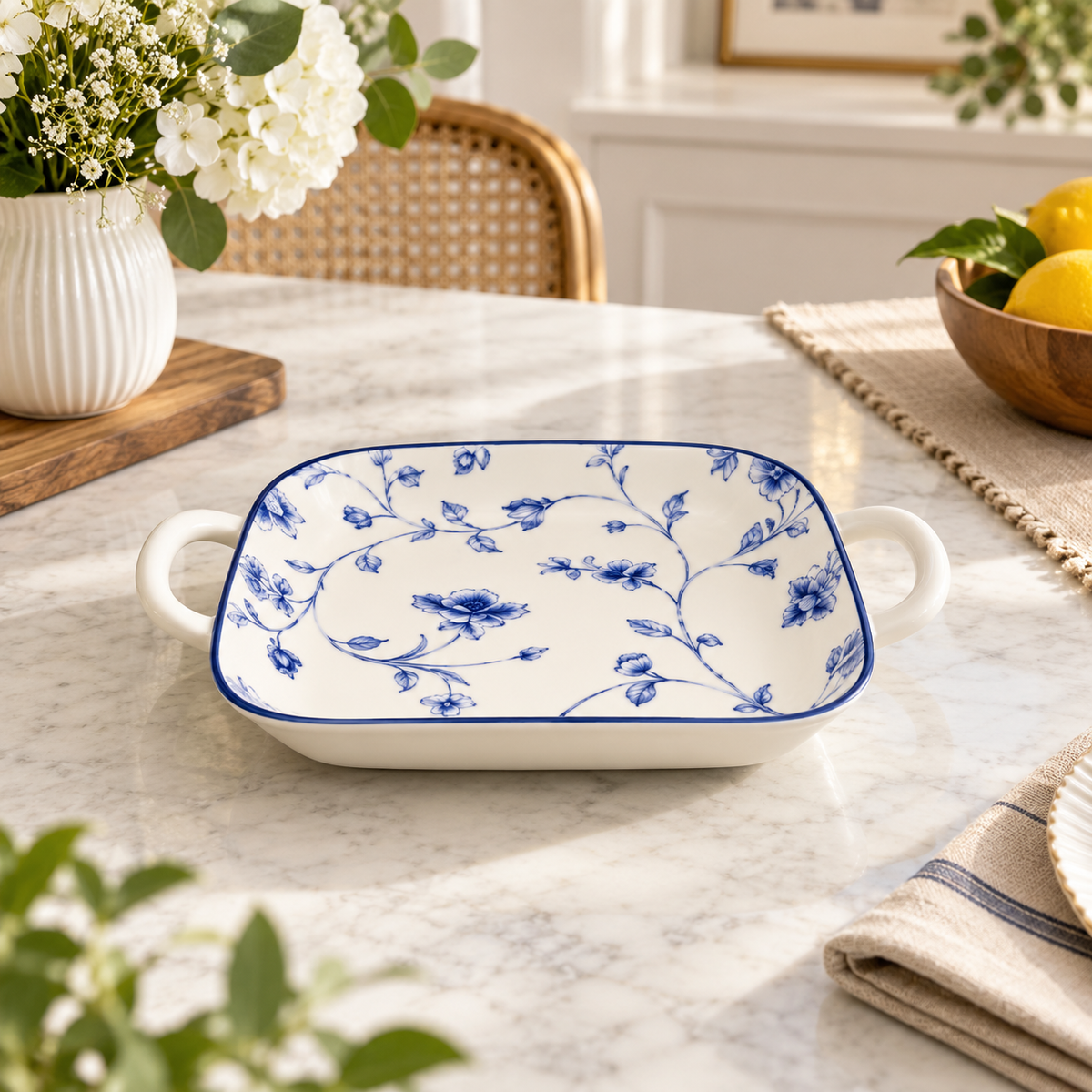 Brilliant Blue Peony 9-inch Square Serving Dish with Handles