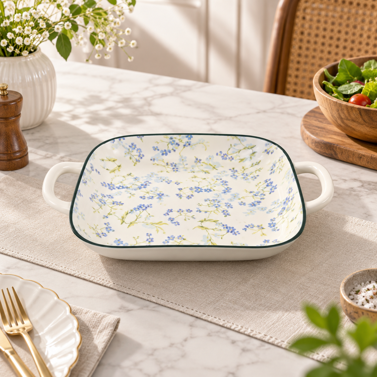 Brilliant Blue Myosotis 9-inch Square Serving Dish with Handles