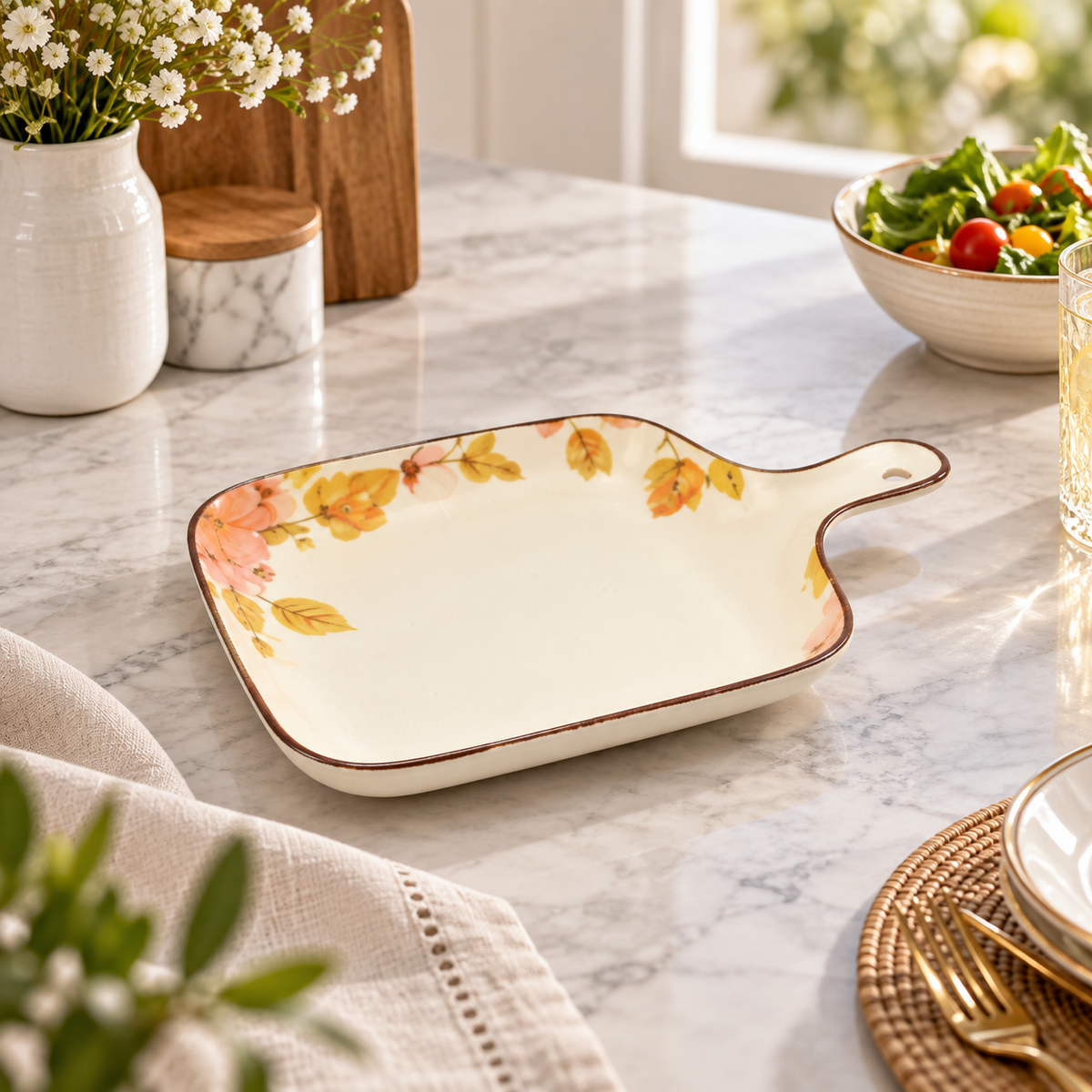 Brilliant Pink Floral 9-inch Square Platter with Handle