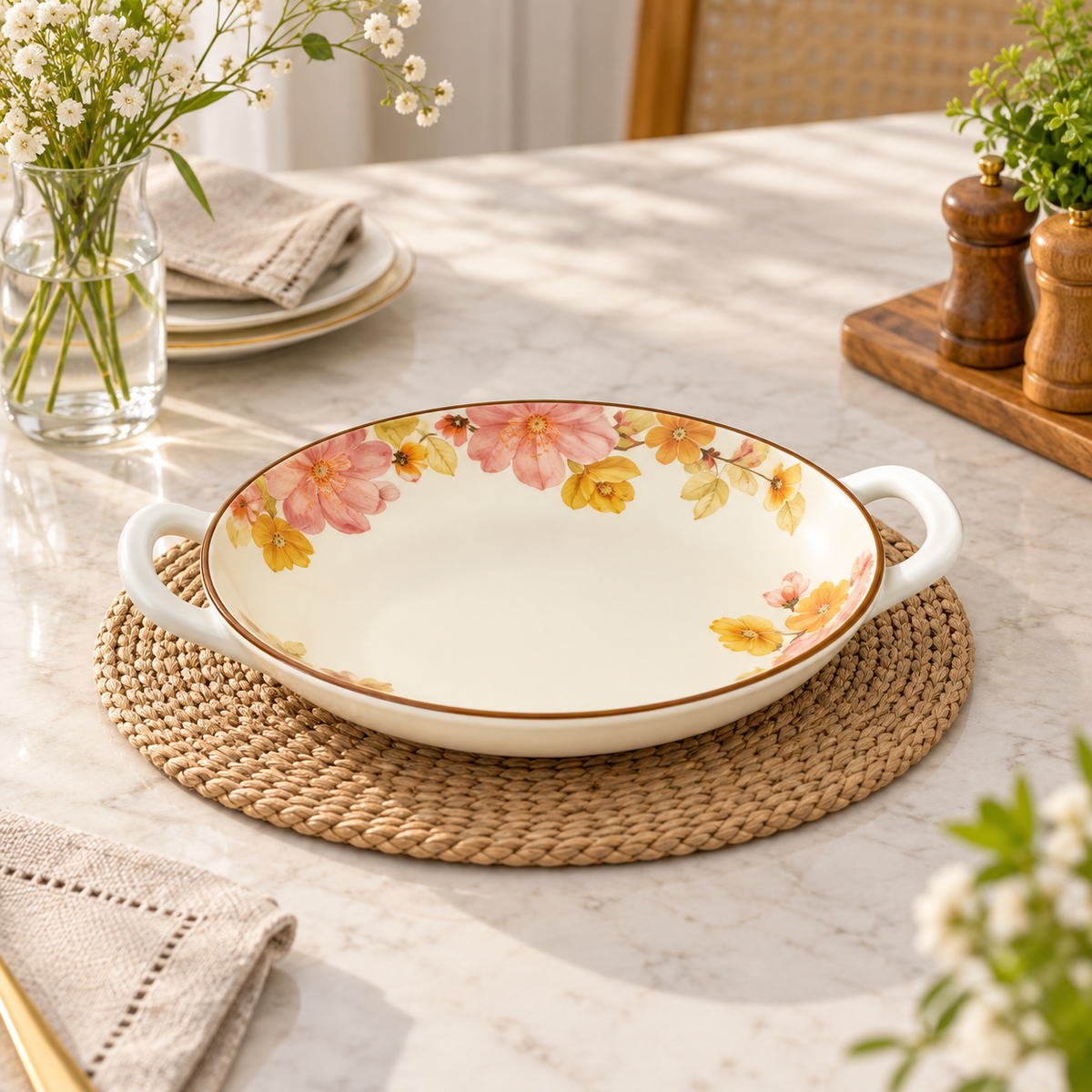 Brilliant Pink Floral 9.75-inch Round Serving Dish with Handles