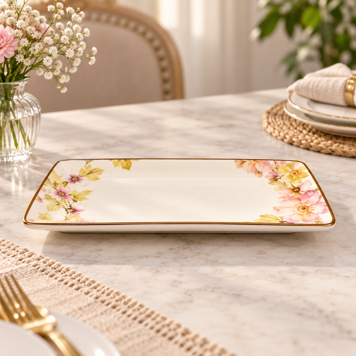 Brilliant Pink Floral 10-inch rectangular porcelain serving dish