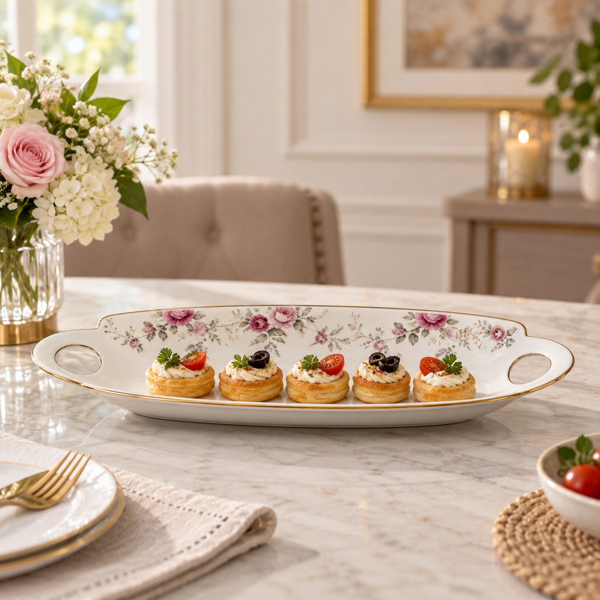 Brilliant 16-inch long porcelain snack plate with handles