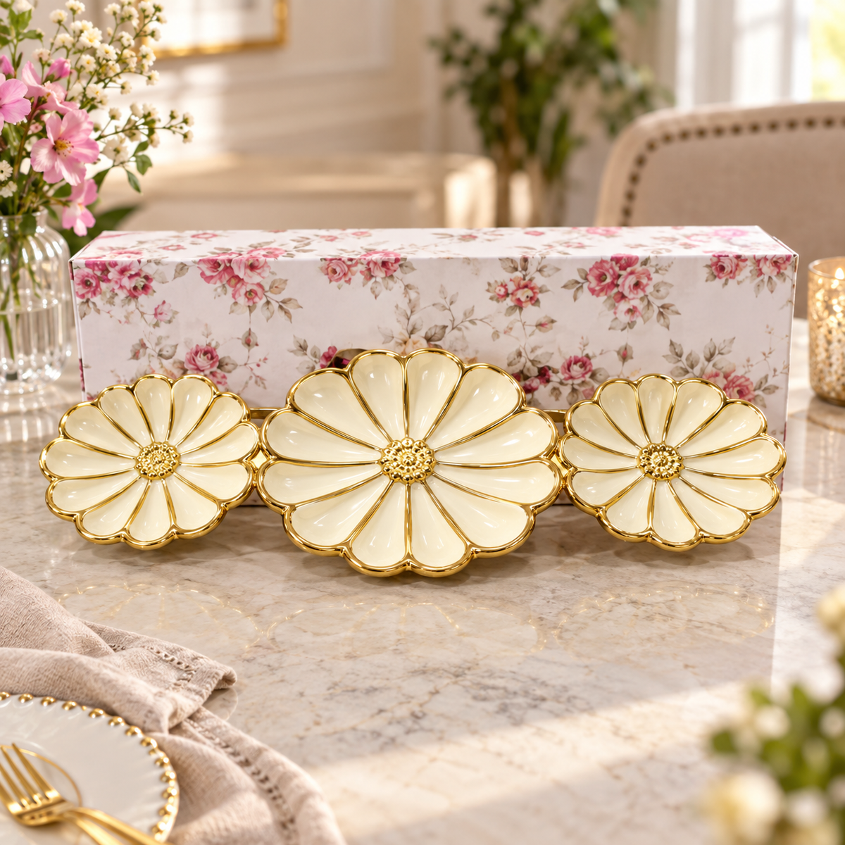 Brilliant 15-inch petal shape three-grid serving bowl gift set