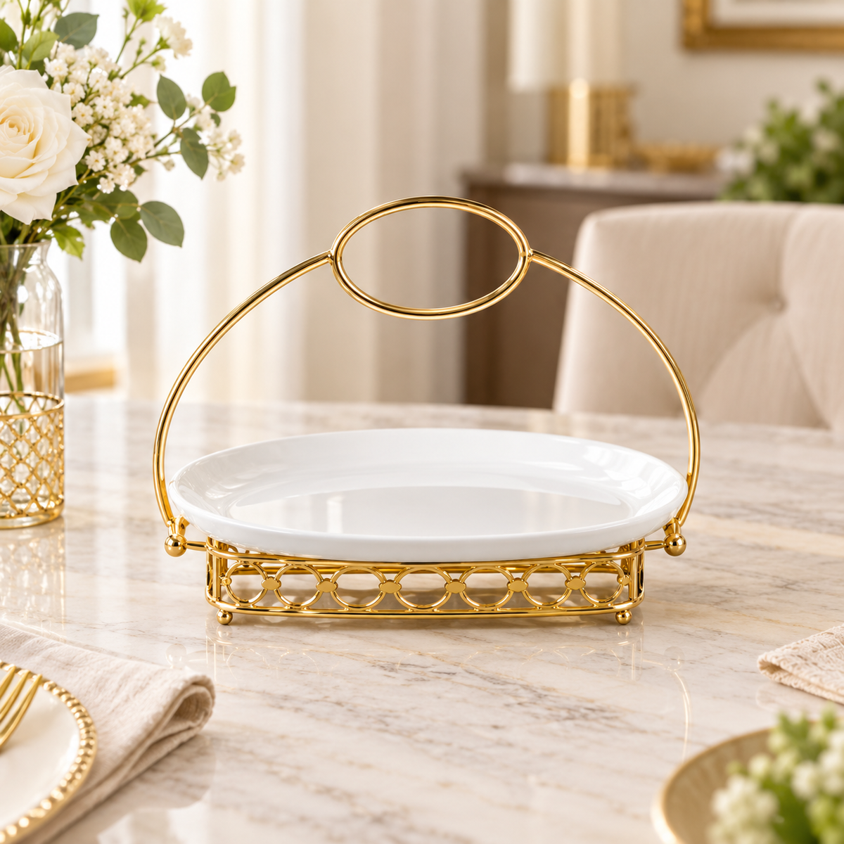 Brilliant 11-inch serving plate with decorative gold stand