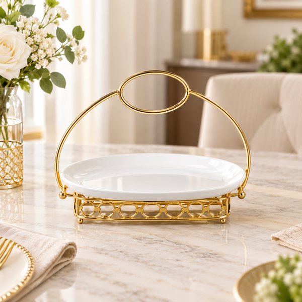 Brilliant 11-inch serving plate with decorative gold stand