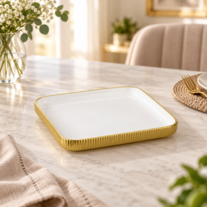 Brilliant 8-inch square white plate with ribbed gold rim