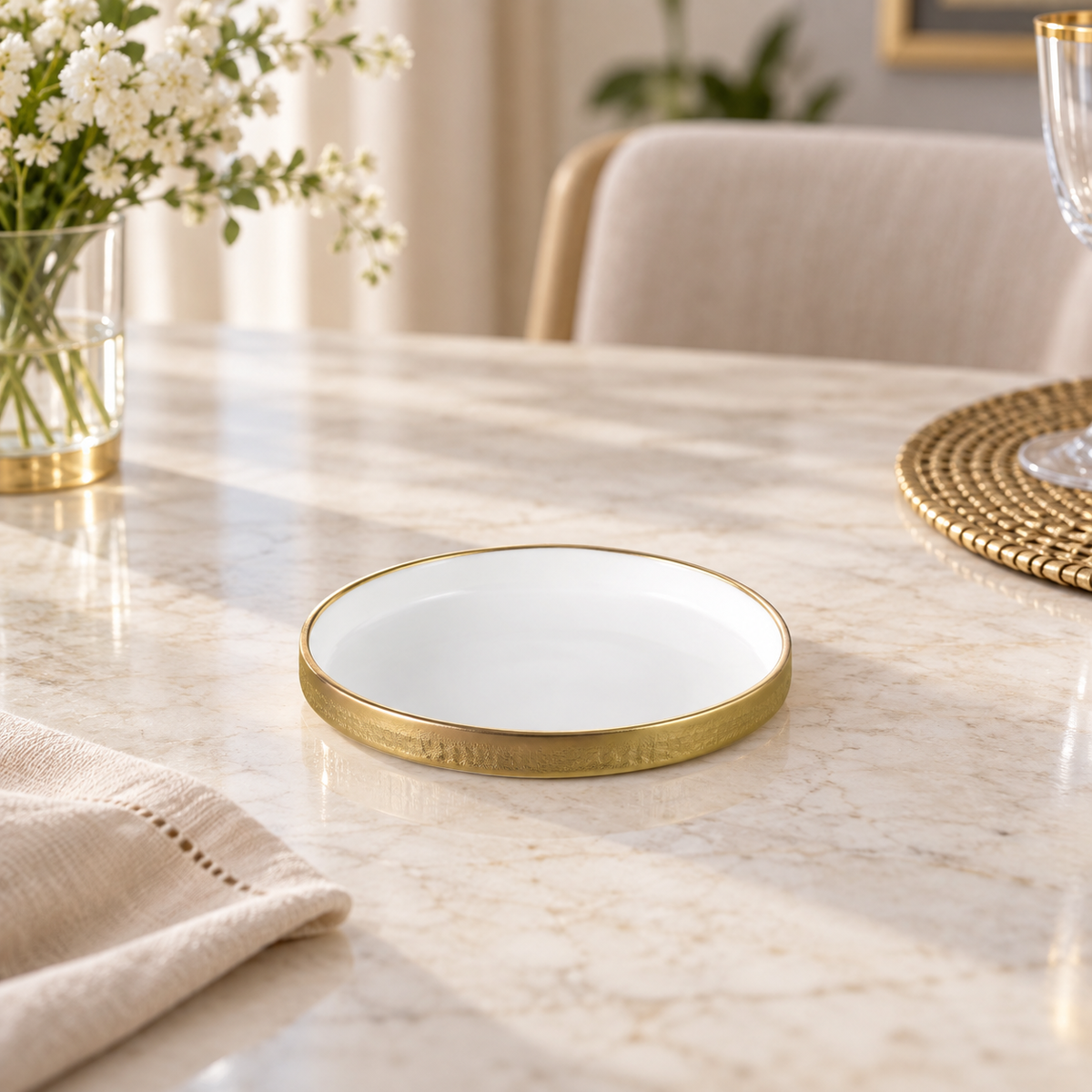 Brilliant round white serving plate with gold band