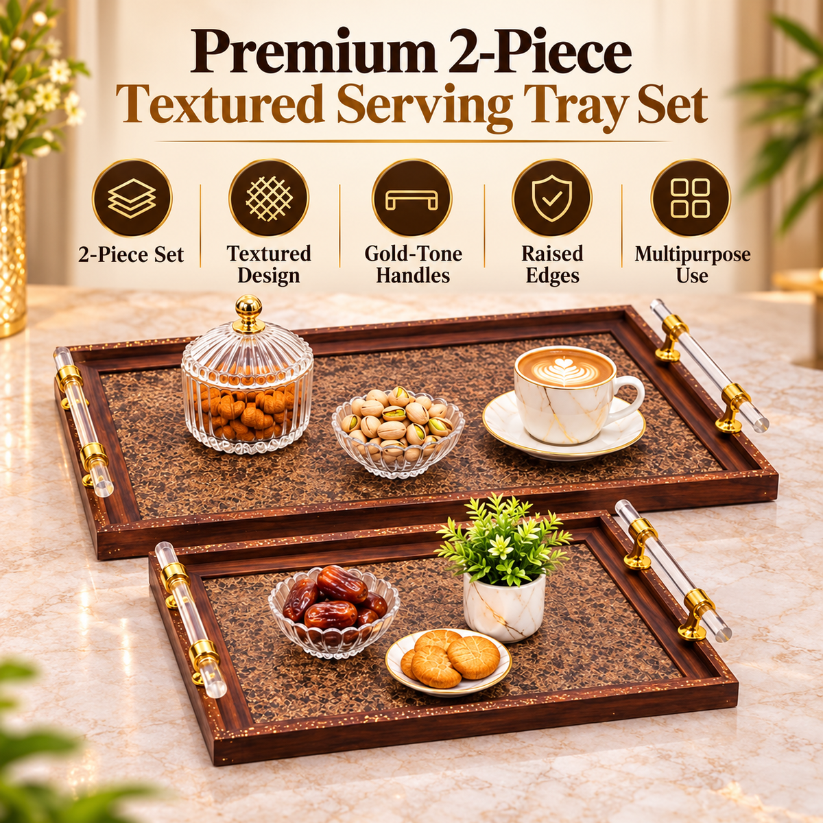 Premium Brown Textured Serving Tray Set with Gold-Tone Handles – 2 Piece features and details
