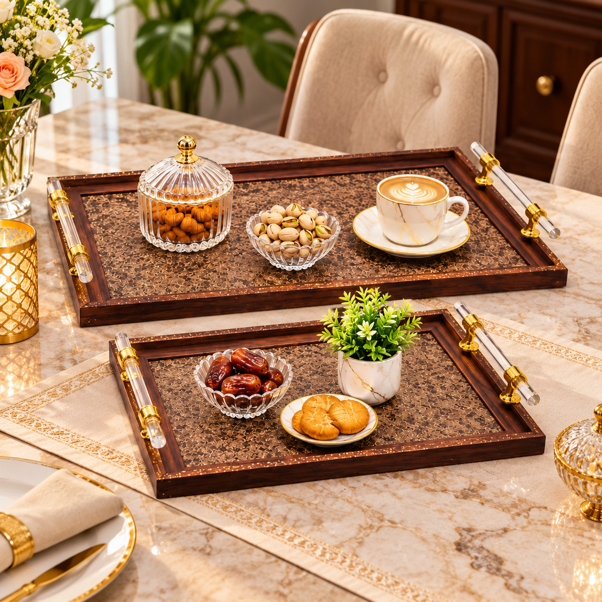 Premium Brown Textured Serving Tray Set with Gold-Tone Handles – 2 Piece lifestyle image