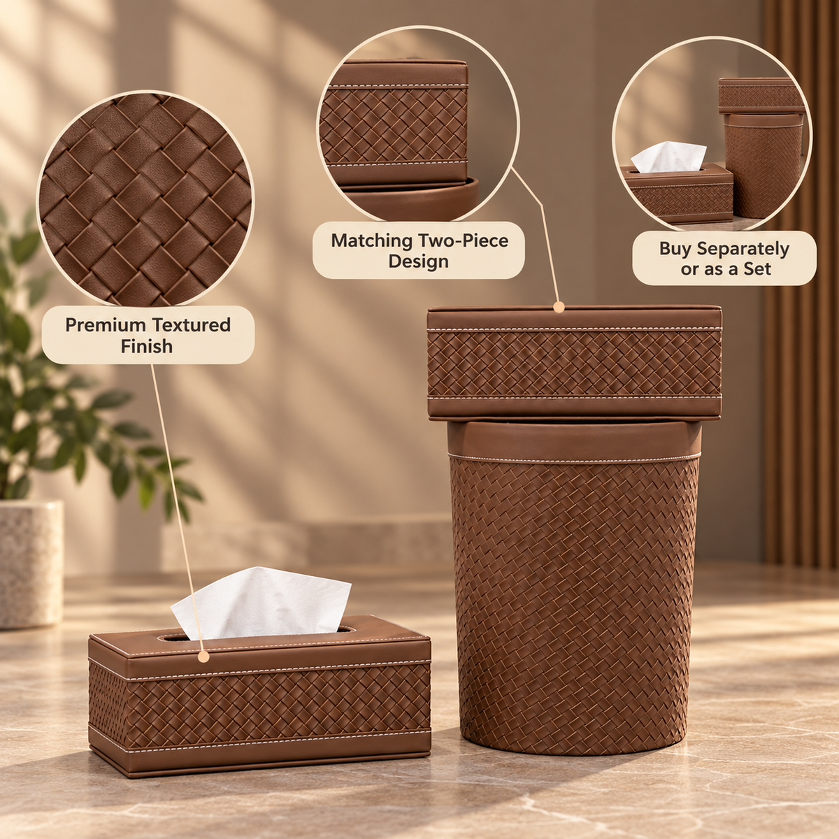 Premium Brown Woven-Pattern Tissue Box & Dustbin Set feature details