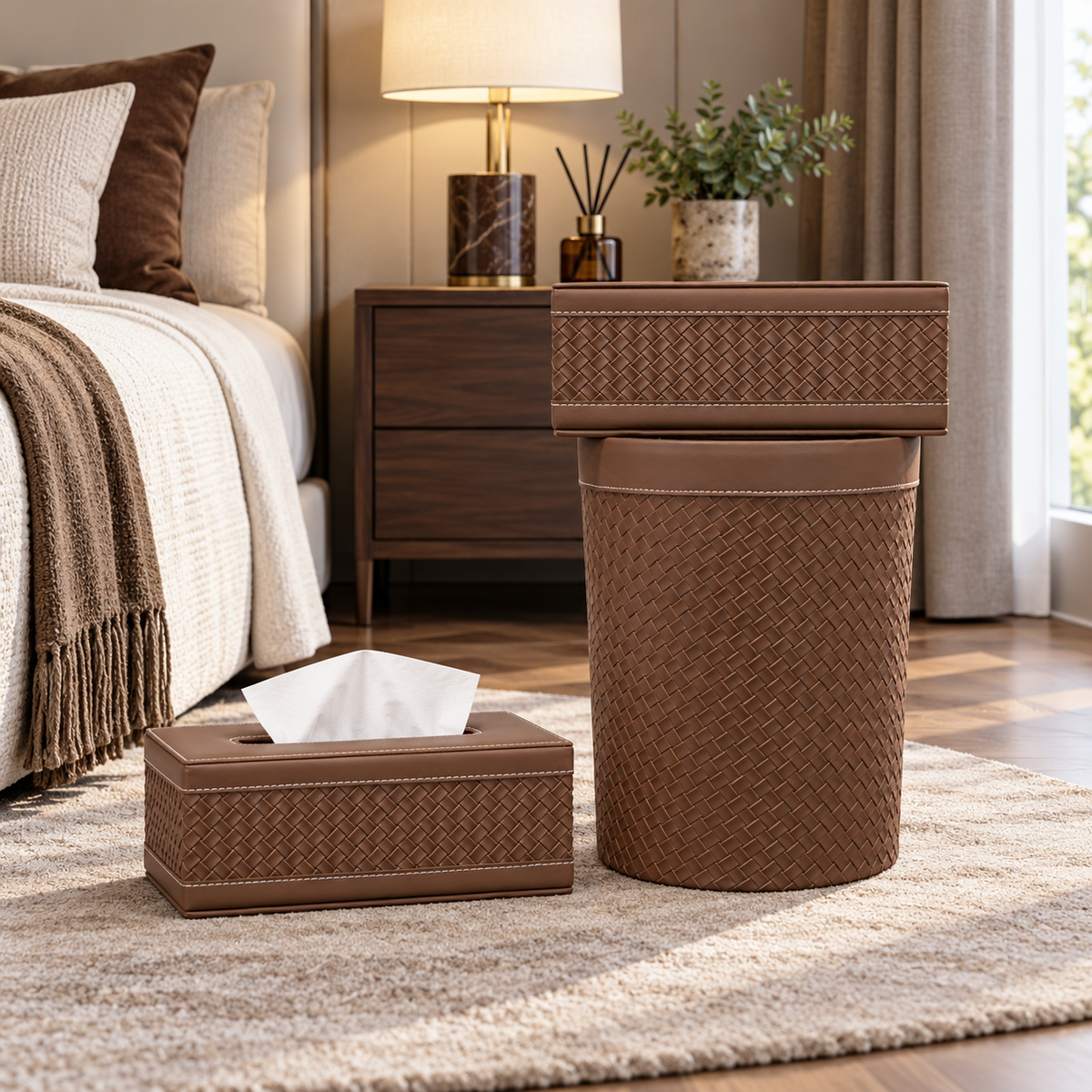 Premium Brown Woven-Pattern Tissue Box & Dustbin Set lifestyle image