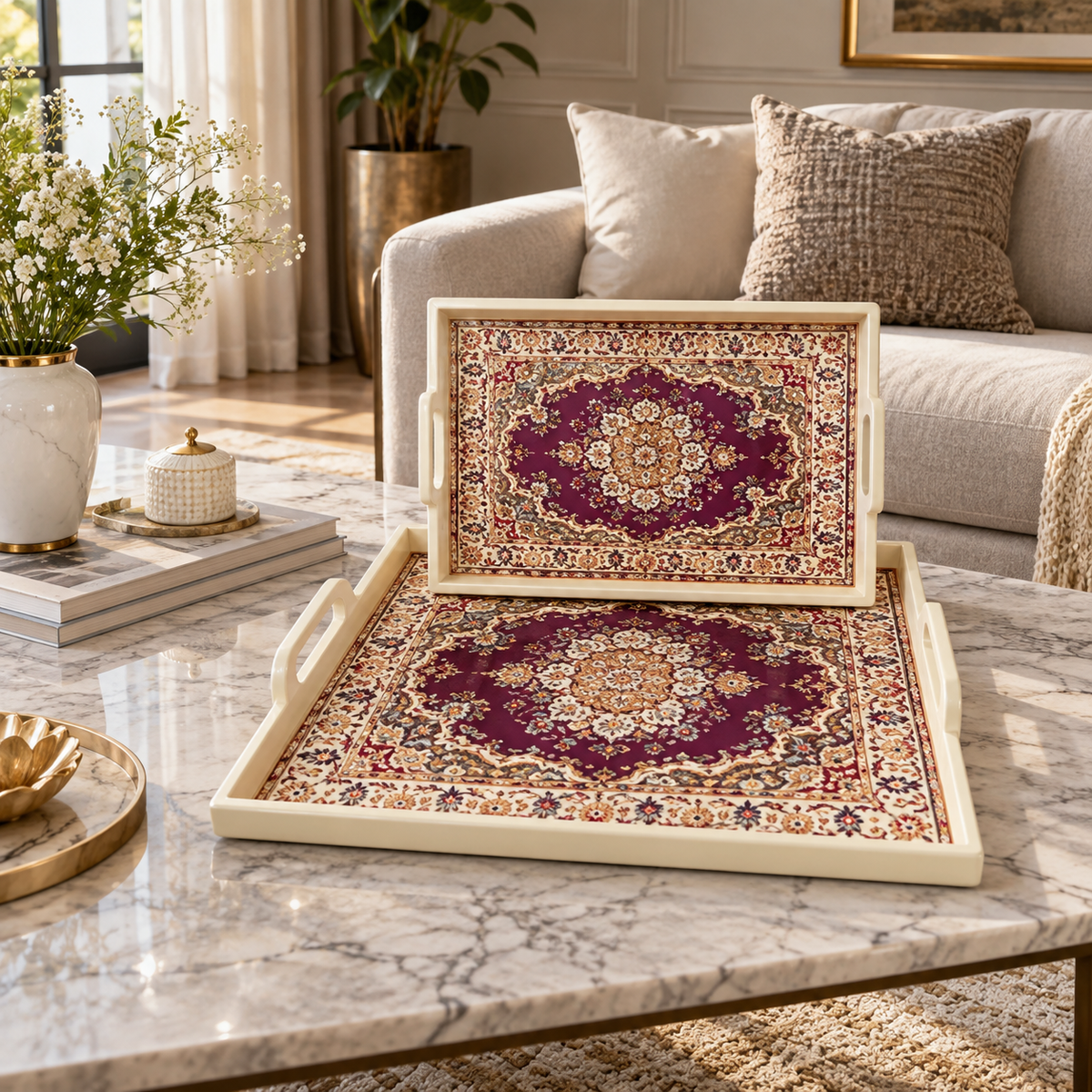 Two piece medallion pattern serving tray set